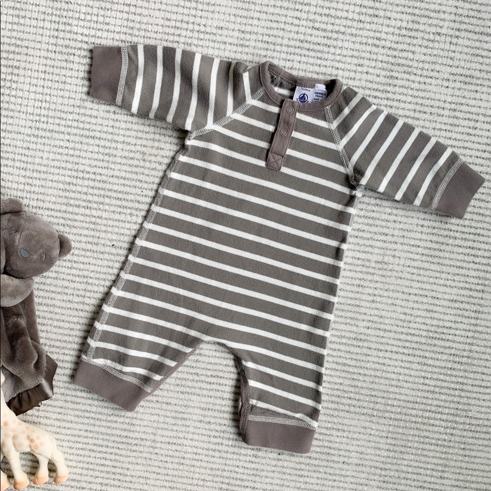 Petite Bateau 3m Gray & White Stripes Romper
